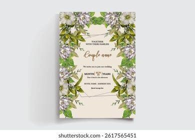 WEDDING INVITATION FRAME WITH FLOWER DECORATIONS AND FRESH LEAVES