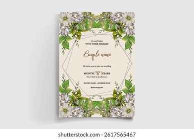 WEDDING INVITATION FRAME WITH FLOWER DECORATIONS AND FRESH LEAVES
