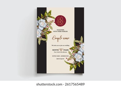 WEDDING INVITATION FRAME WITH FLOWER DECORATIONS AND FRESH LEAVES