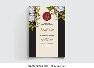 WEDDING INVITATION FRAME WITH FLOWER DECORATIONS AND FRESH LEAVES