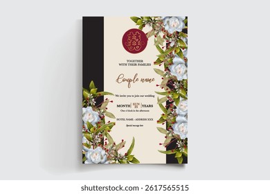 WEDDING INVITATION FRAME WITH FLOWER DECORATIONS AND FRESH LEAVES