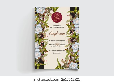 WEDDING INVITATION FRAME WITH FLOWER DECORATIONS AND FRESH LEAVES