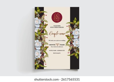 WEDDING INVITATION FRAME WITH FLOWER DECORATIONS AND FRESH LEAVES