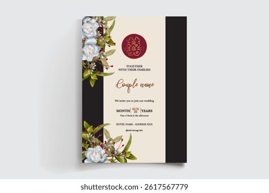 WEDDING INVITATION FRAME WITH FLOWER DECORATIONS AND FRESH LEAVES