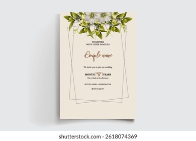 WEDDING INVITATION FRAME WITH FLOWER DECORATIONS AND FRESH LEAVES