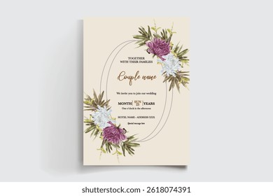 WEDDING INVITATION FRAME WITH FLOWER DECORATIONS AND FRESH LEAVES