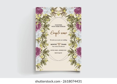 WEDDING INVITATION FRAME WITH FLOWER DECORATIONS AND FRESH LEAVES