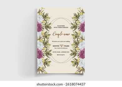 WEDDING INVITATION FRAME WITH FLOWER DECORATIONS AND FRESH LEAVES