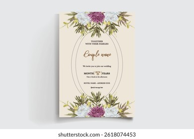 WEDDING INVITATION FRAME WITH FLOWER DECORATIONS AND FRESH LEAVES