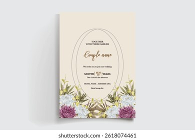 WEDDING INVITATION FRAME WITH FLOWER DECORATIONS AND FRESH LEAVES
