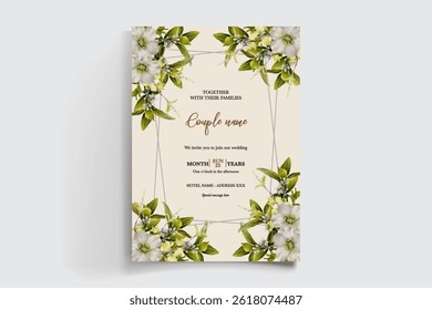 WEDDING INVITATION FRAME WITH FLOWER DECORATIONS AND FRESH LEAVES