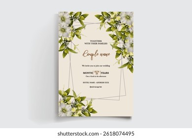 WEDDING INVITATION FRAME WITH FLOWER DECORATIONS AND FRESH LEAVES