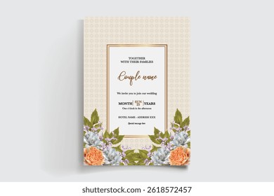WEDDING INVITATION FRAME WITH FLOWER DECORATIONS AND FRESH LEAVES