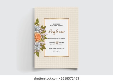 WEDDING INVITATION FRAME WITH FLOWER DECORATIONS AND FRESH LEAVES