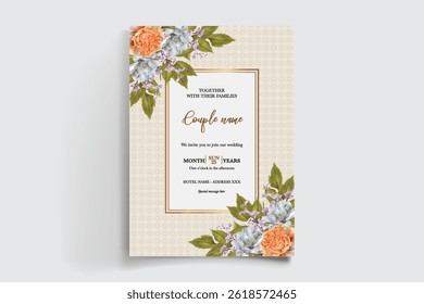 HOCHZEITSEINLADUNGSRAHMEN MIT BLUMENDEKORATIONEN UND FRISCHEN BLÄTTERN