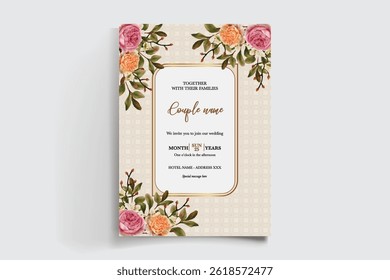 WEDDING INVITATION FRAME WITH FLOWER DECORATIONS AND FRESH LEAVES