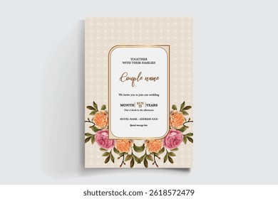 WEDDING INVITATION FRAME WITH FLOWER DECORATIONS AND FRESH LEAVES