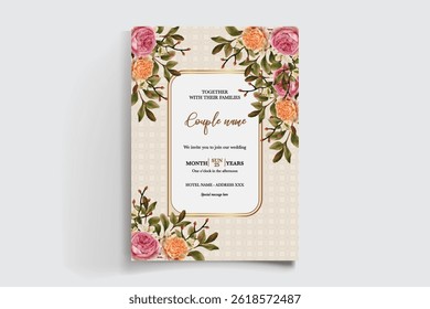 QUADRO DE CONVITE DE CASAMENTO COM DECORAÇÕES DE FLORES E FOLHAS FRESCAS