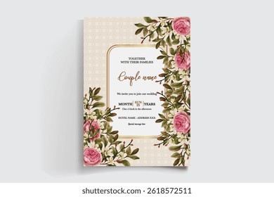 WEDDING INVITATION FRAME WITH FLOWER DECORATIONS AND FRESH LEAVES