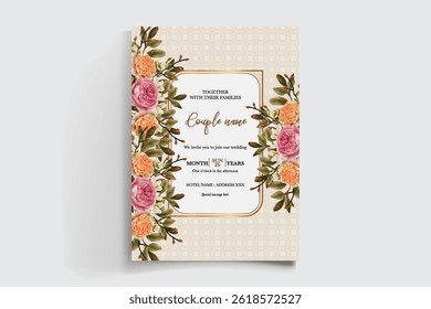 WEDDING INVITATION FRAME WITH FLOWER DECORATIONS AND FRESH LEAVES