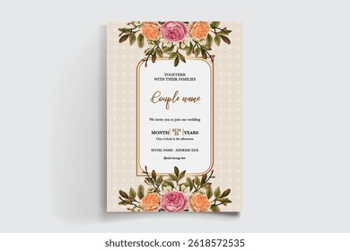 WEDDING INVITATION FRAME WITH FLOWER DECORATIONS AND FRESH LEAVES