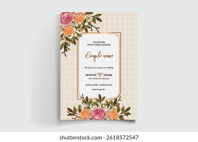 WEDDING INVITATION FRAME WITH FLOWER DECORATIONS AND FRESH LEAVES