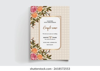 WEDDING INVITATION FRAME WITH FLOWER DECORATIONS AND FRESH LEAVES