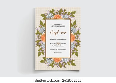 WEDDING INVITATION FRAME WITH FLOWER DECORATIONS AND FRESH LEAVES