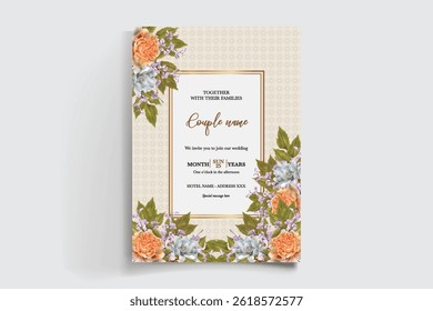WEDDING INVITATION FRAME WITH FLOWER DECORATIONS AND FRESH LEAVES