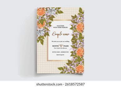 WEDDING INVITATION FRAME WITH FLOWER DECORATIONS AND FRESH LEAVES