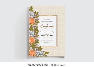 WEDDING INVITATION FRAME WITH FLOWER DECORATIONS AND FRESH LEAVES