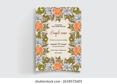 WEDDING INVITATION FRAME WITH FLOWER DECORATIONS AND FRESH LEAVES