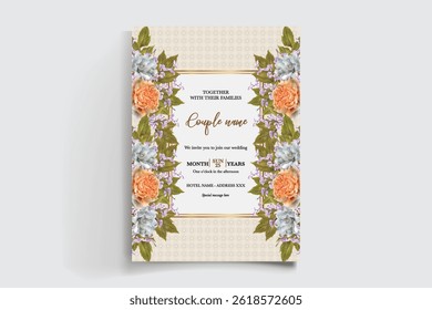 WEDDING INVITATION FRAME WITH FLOWER DECORATIONS AND FRESH LEAVES