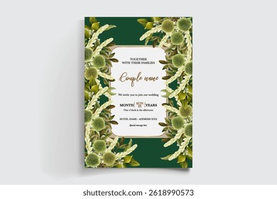 WEDDING INVITATION FRAME WITH FLOWER DECORATIONS AND FRESH LEAVES