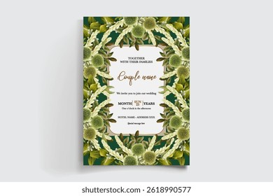 HOCHZEITSEINLADUNGSRAHMEN MIT BLUMENDEKORATIONEN UND FRISCHEN BLÄTTERN