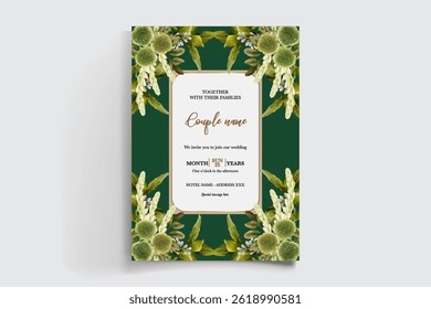 MARCO DE INVITACIÓN DE BODA CON DECORACIONES FLORALES Y HOJAS FRESCAS