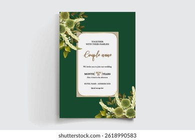 MARCO DE INVITACIÓN DE BODA CON DECORACIONES FLORALES Y HOJAS FRESCAS