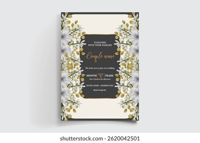 WEDDING INVITATION FRAME WITH FLOWER DECORATIONS AND FRESH LEAVES