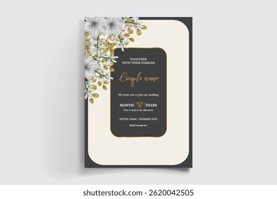 WEDDING INVITATION FRAME WITH FLOWER DECORATIONS AND FRESH LEAVES