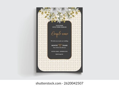 WEDDING INVITATION FRAME WITH FLOWER DECORATIONS AND FRESH LEAVES