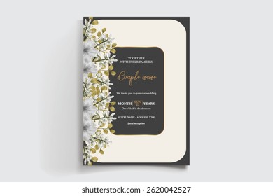 WEDDING INVITATION FRAME WITH FLOWER DECORATIONS AND FRESH LEAVES