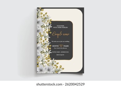 WEDDING INVITATION FRAME WITH FLOWER DECORATIONS AND FRESH LEAVES