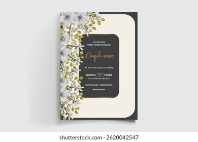 WEDDING INVITATION FRAME WITH FLOWER DECORATIONS AND FRESH LEAVES