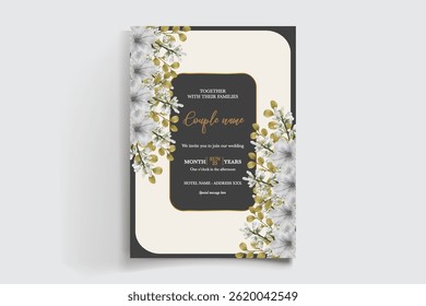 WEDDING INVITATION FRAME WITH FLOWER DECORATIONS AND FRESH LEAVES