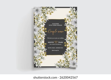 WEDDING INVITATION FRAME WITH FLOWER DECORATIONS AND FRESH LEAVES