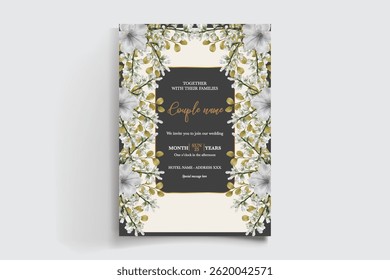 WEDDING INVITATION FRAME WITH FLOWER DECORATIONS AND FRESH LEAVES