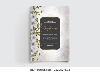 WEDDING INVITATION FRAME WITH FLOWER DECORATIONS AND FRESH LEAVES