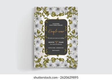 MARCO DE INVITACIÓN DE BODA CON DECORACIONES FLORALES Y HOJAS FRESCAS