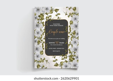 HOCHZEITSEINLADUNGSRAHMEN MIT BLUMENDEKORATIONEN UND FRISCHEN BLÄTTERN