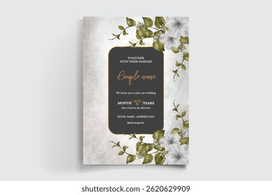 WEDDING INVITATION FRAME WITH FLOWER DECORATIONS AND FRESH LEAVES